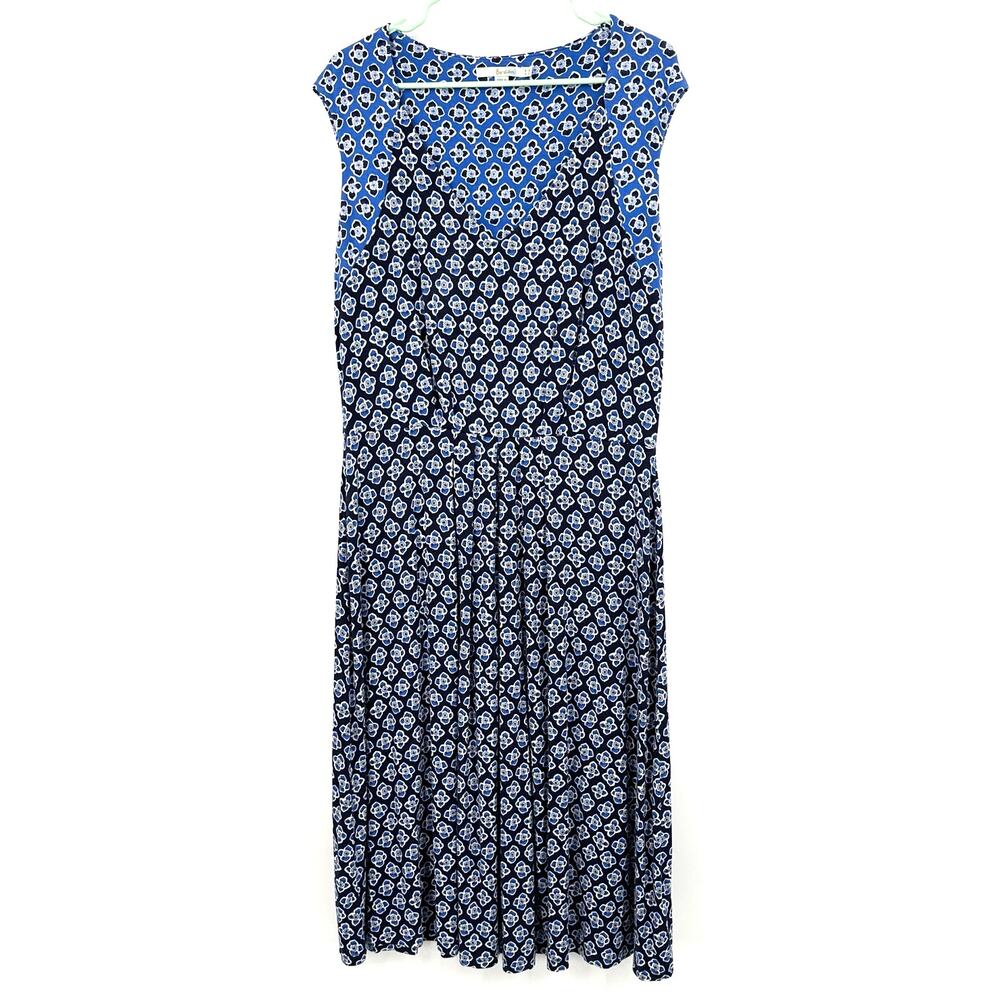 Boden Size US 14 Short Sleeve V-Neck Midi Dress Blue Black Flower Print Pattern
